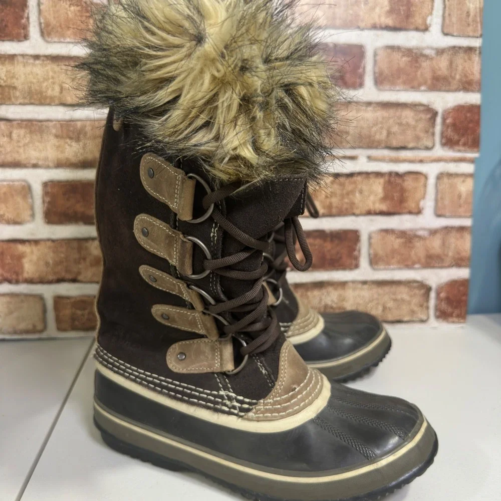 Sorel Joan of Arctic Waterproof Winter Boots Brown Suede Fur NL1540-248 Size 8